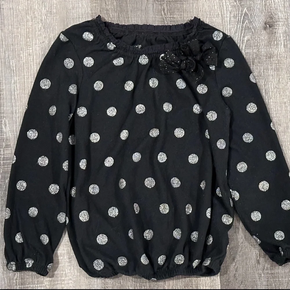💞 Toddler Girls 4T Black & Silver Glitter Polka Dot Blouse